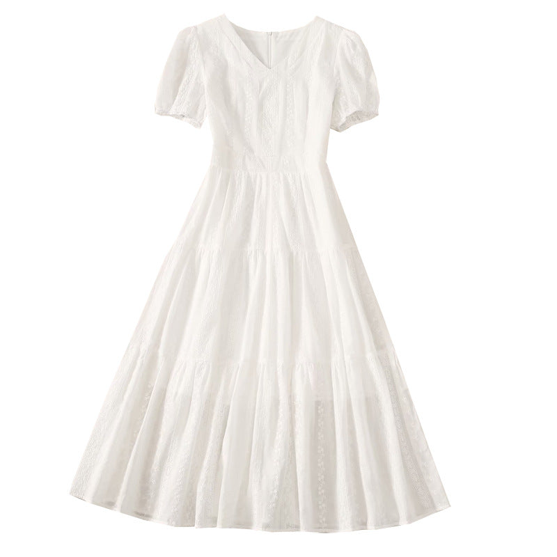 2025 summer new embroidered long skirt  new temperament V-neck slim and thin dress woman