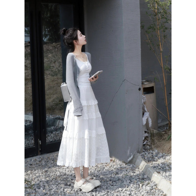 Pure first love suit knitted cardigan jacket suspender vest women's early spring cake skirt skirt three-piece set