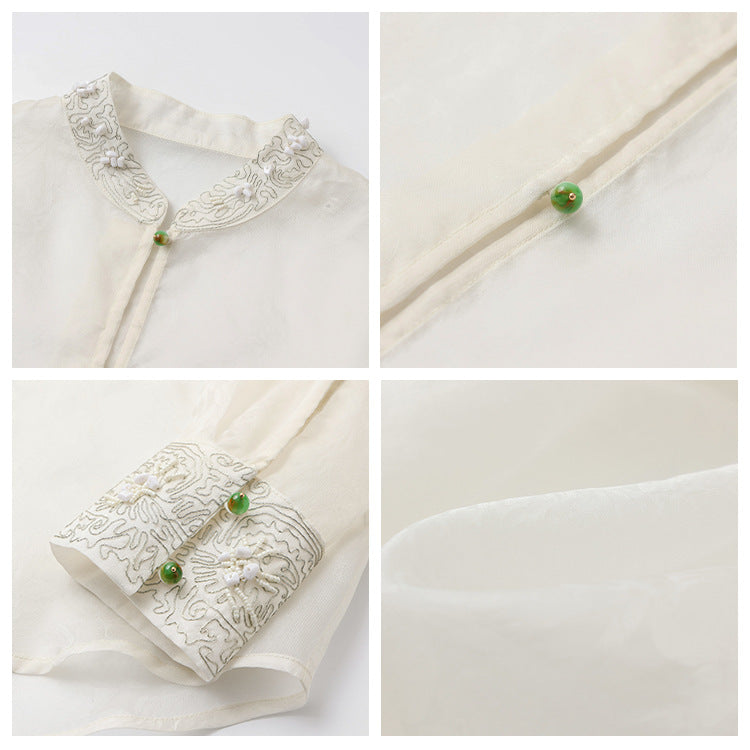 New Chinese heavy industry embroidery three-dimensional decorative thin shirt national style stand-up collar design mulberry silk top women's N1004