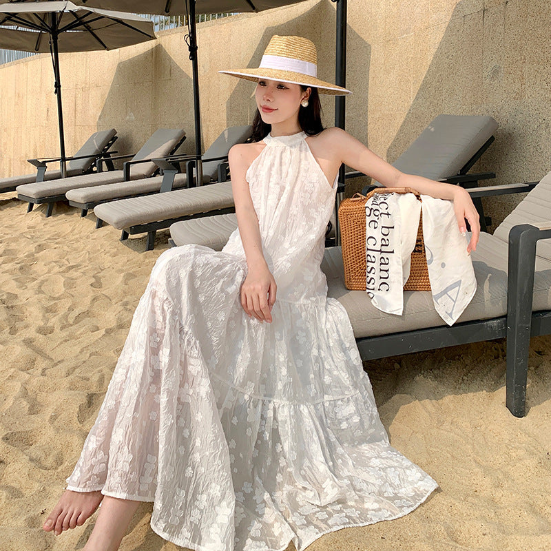 2025 retro neck dress women's summer high-end sleeveless vest skirt sexy off-the-shoulder seaside vacation dress