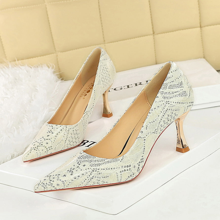 2025 1818-50 Gentle intellectual lace Korean version medium heel single shoes pointed irregular texture fine heel professional women's single shoes