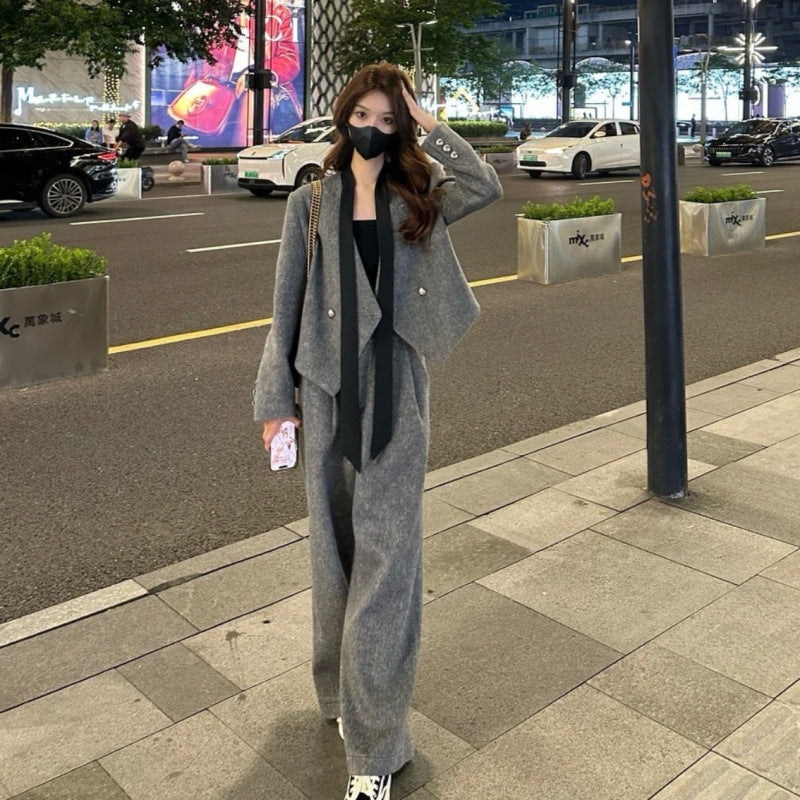 Temperament high sense V-neck streamer woolen blazer women's 2025 spring new casual straight pants two-piece set