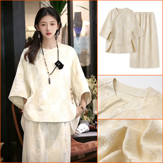 2025 early spring new Chinese style texture fashion design loose silk top skirt suit women N3016