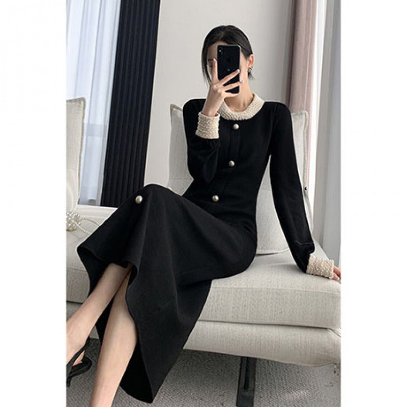 2025 With coat long sweater skirt temperament socialite  Hepburn style black backing knitted dress women's autumn and winter