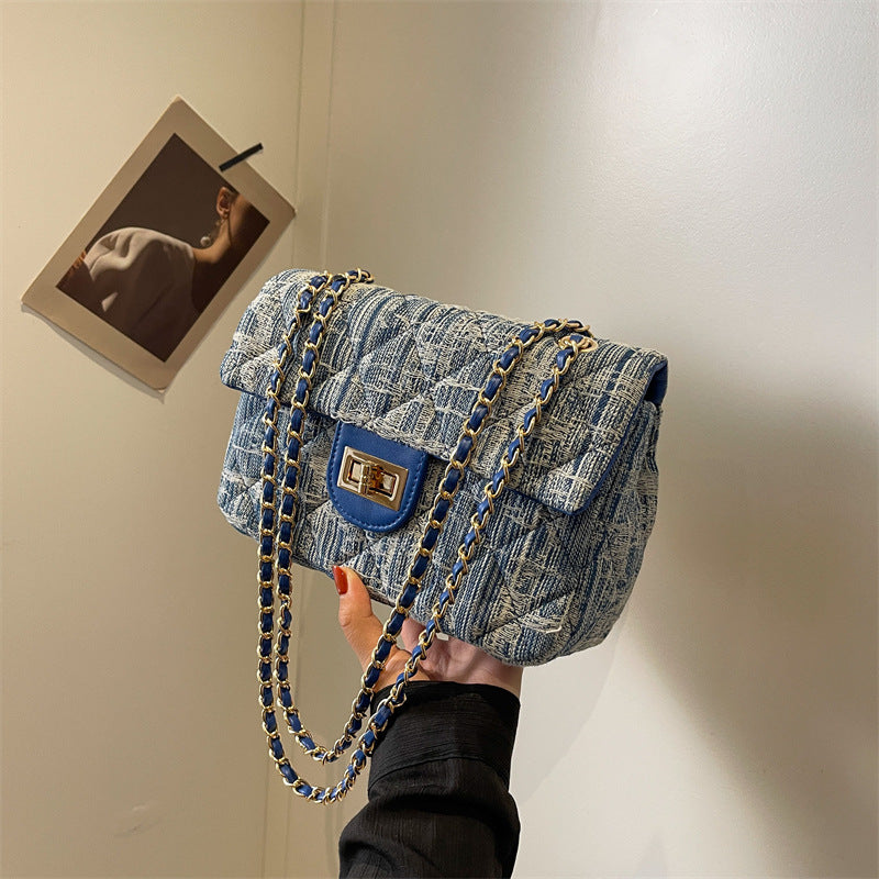 BENPAOLV 2025 fashion classic embroidery thread rhombus denim bag  new simple Popular style chain single shoulder oblique span bag