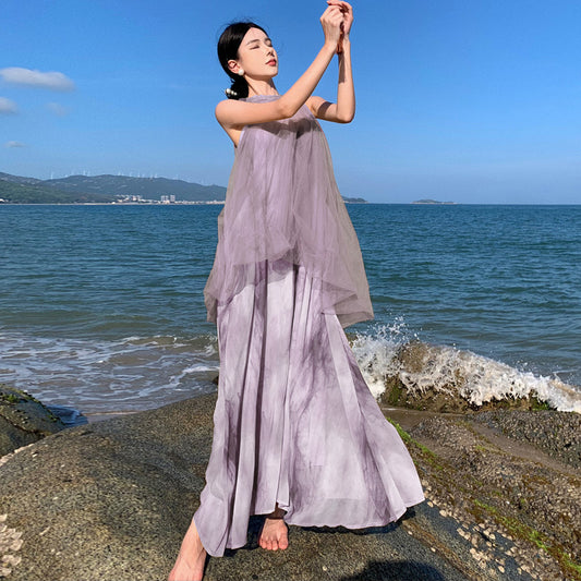 2025 New Chinese style temperament fairy vacation beach dress mesh stitching tie-dye fake two-piece neck dress summer