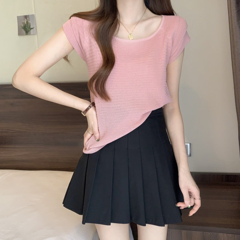 2025 Large size women's clothing new design sense sweet and spicy dew collarbone flying sleeves short sleeves ice silk knitted sweater top women's clothing