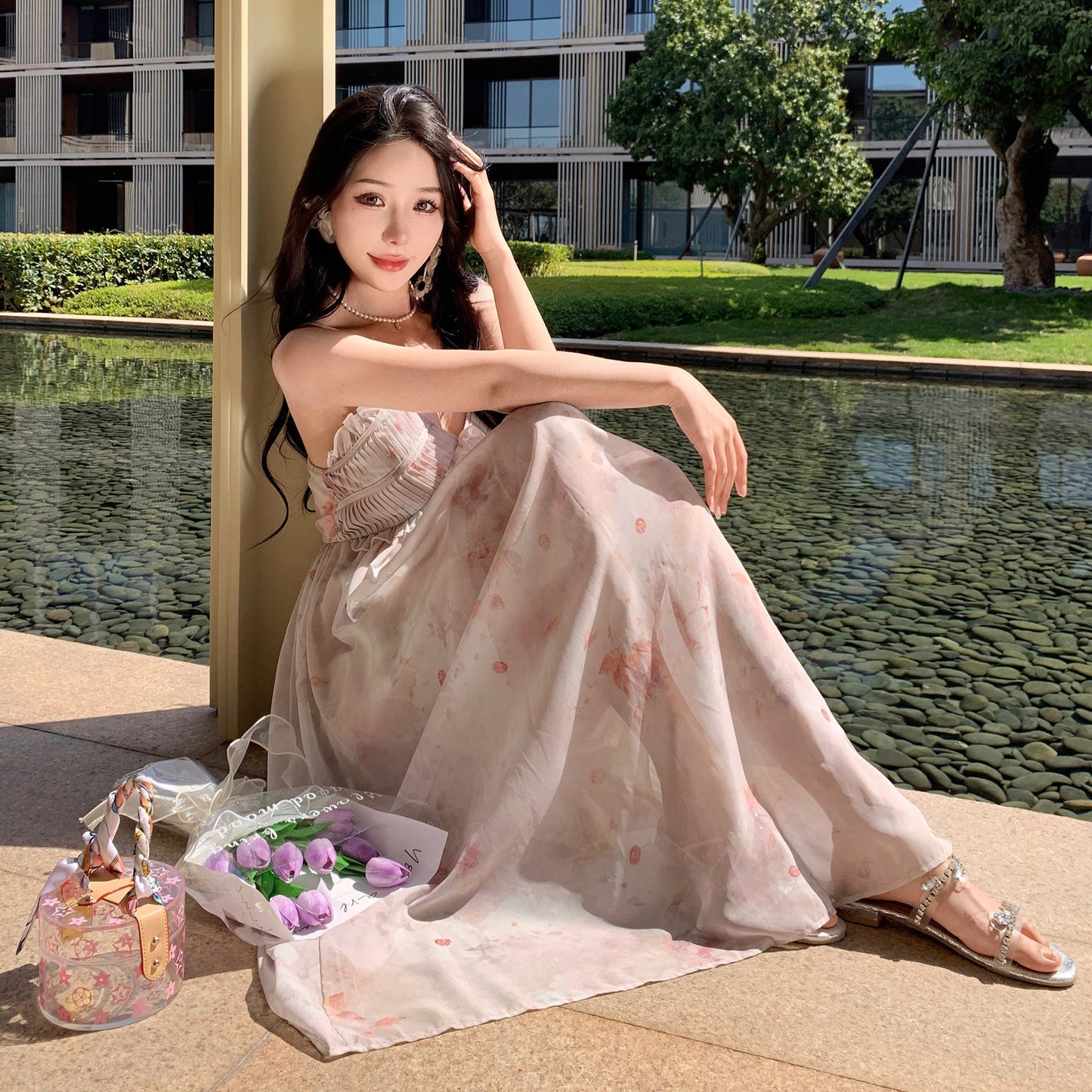 2025 Summer seaside vacation dress small fresh  first love long dress pure lust sweet wind floral suspender sleeveless dress