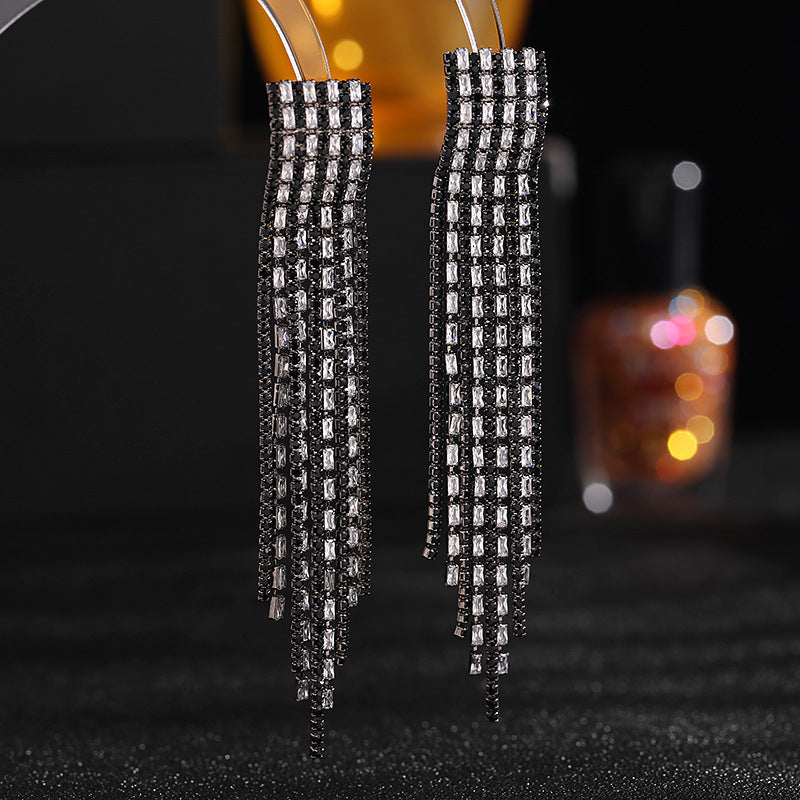 2025 S925 silver needle long fringed earrings trendy super flash zircon inlay design sense color matching earrings banquet dress accessories