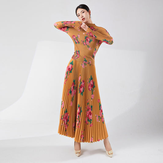 2025 Popularan Station Suit Skirt Spring Women's Design Sense Printed Long Sleeve T-Shirt Top Big Swing Skirt Two-piece Set