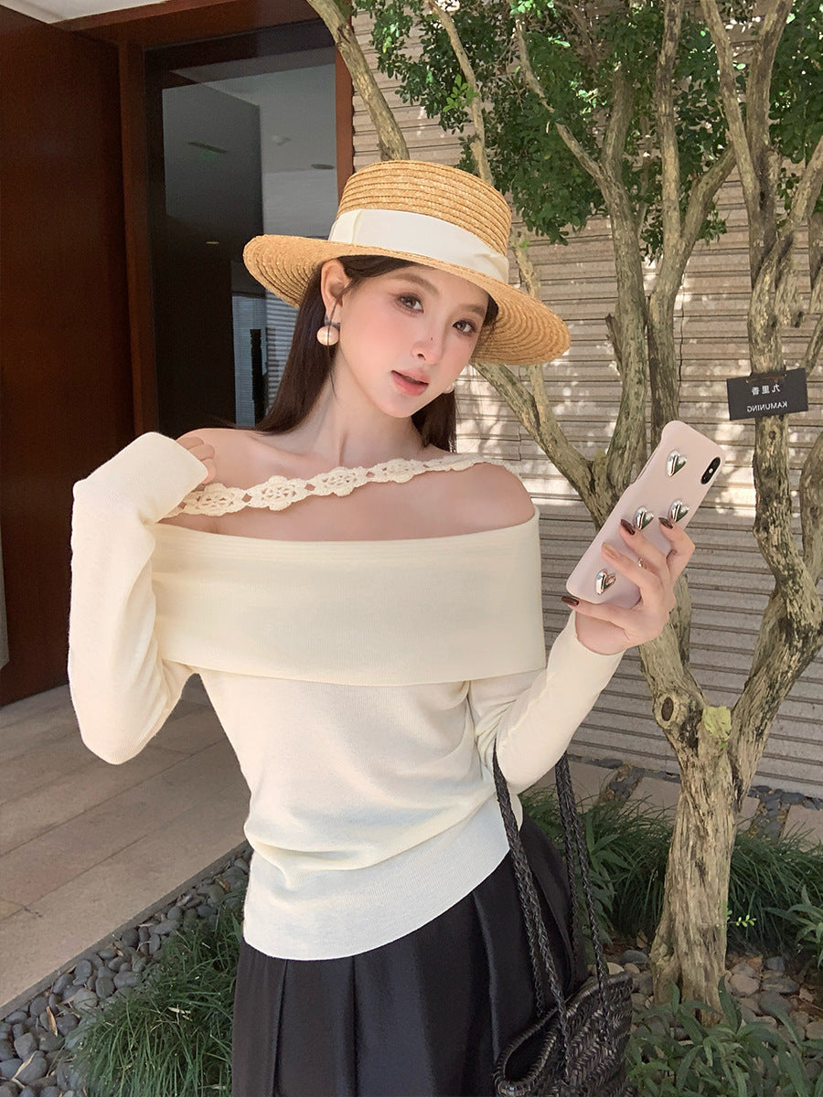 2025 popular autumn new ins temperament one-word collar flower knitted bottoming shirt long-sleeved top women 25147