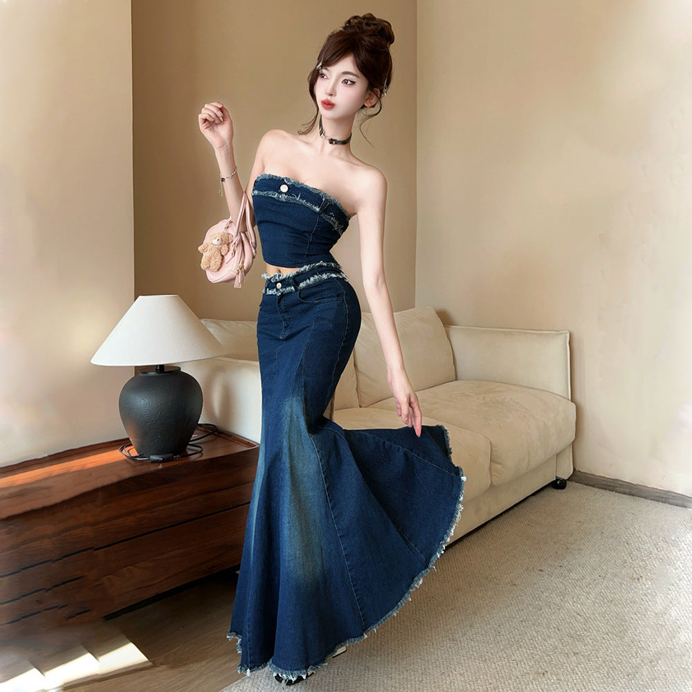 2025 Denim suit women's  summer new sexy off-the-shoulder burr tube top Internet celebrity high fishtail skirt two-piece set