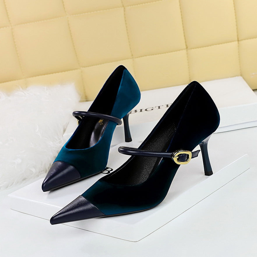 2025 9116-A1 Korean version banquet high-heeled women's shoes, thin heels, Xishi suede, shallow mouth splicing, pointed head, one-word belt, single shoes women