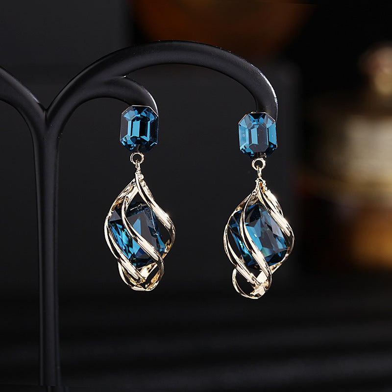 2025 autumn and winter new retro earrings court temperament blue crystal versatile fashion earrings women's 925 silver needles