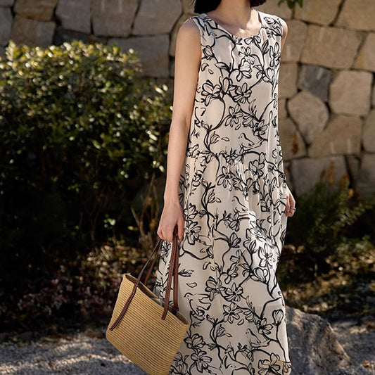 2025 Linen Tencel vest skirt, high-end sleeveless dress, loose round neck printed suspender skirt, summer women's clothing