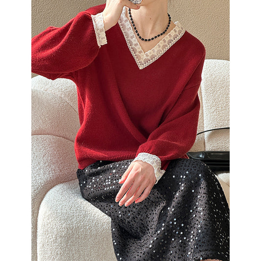 2025 popular autumn and winter top Korean version lace V-neck lace slim soft waxy Ankola red sweater 8819-3