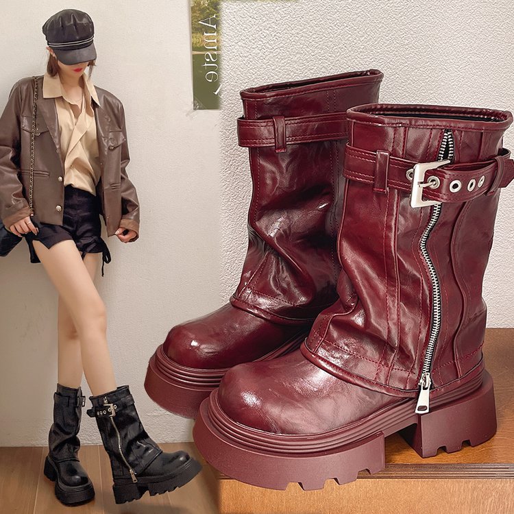 2025  Super good-looking burgundy thick-soled height-increasing small popular new fashionable versatile and thin tall knight boots