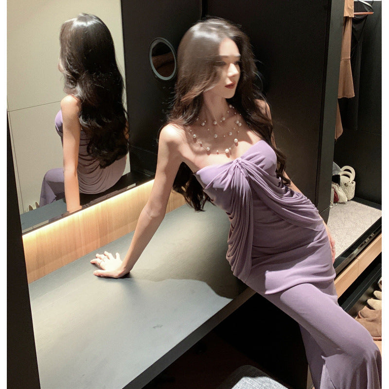 2025 High-end purple tube top dress Royal sister temperament design fake two-piece hip skirt travel wine party wear