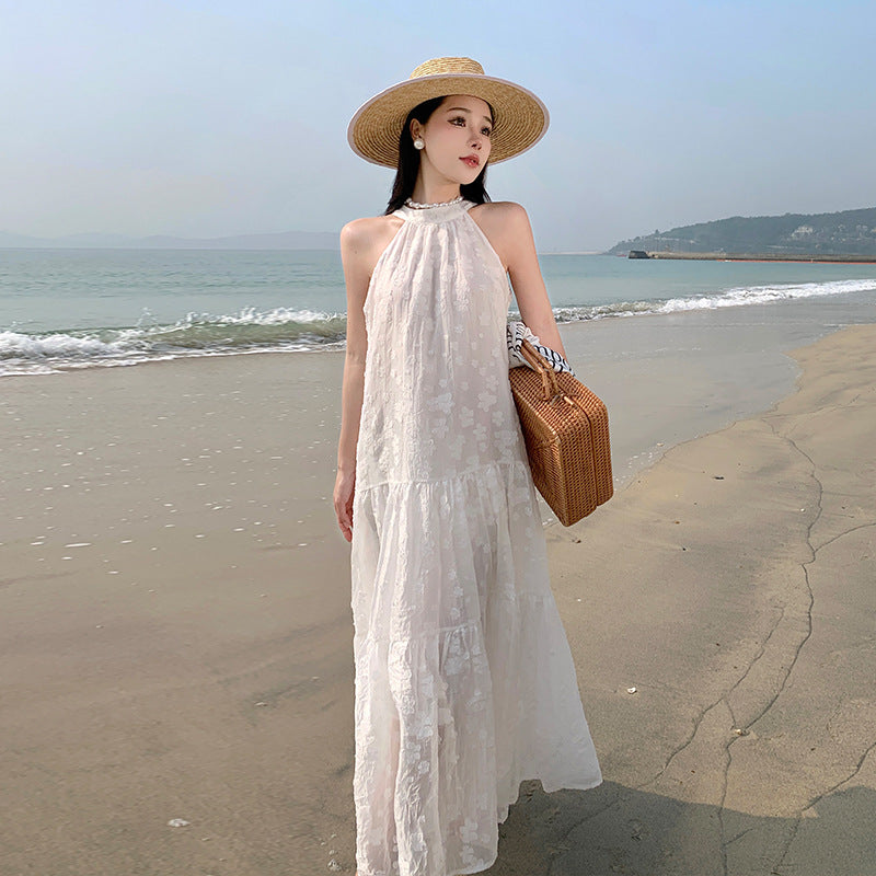 2025 retro neck dress women's summer high-end sleeveless vest skirt sexy off-the-shoulder seaside vacation dress