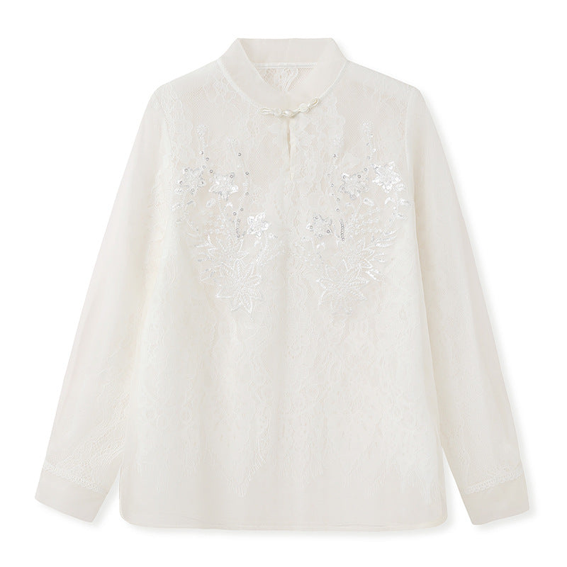 2025 spring clothing national style new design shirt mulberry silk temperament stand-up collar buckle embroidered top women's N2075