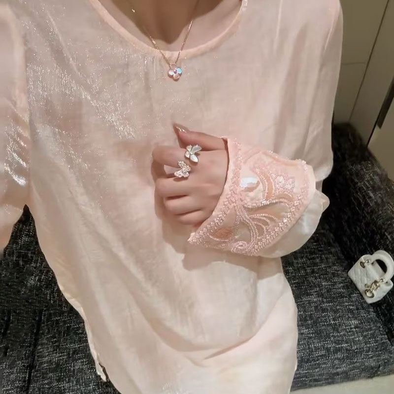 Guofeng Spring New Heavy Industry Bead Embroidery Splicing Long Sleeve Top Women's Thin Versatile Silk Shirt N2071