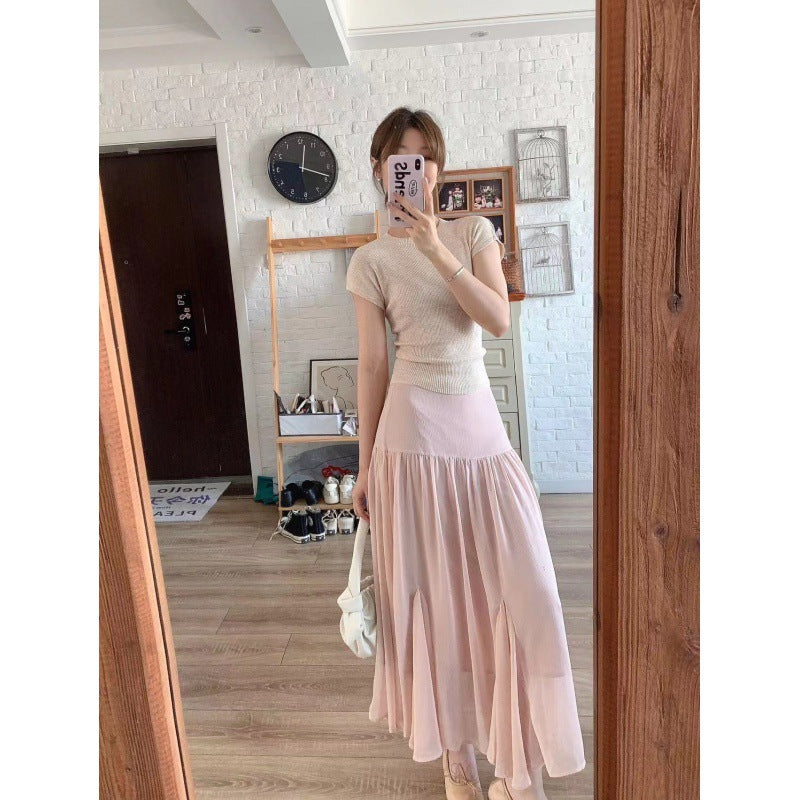 New pink high-waisted word fairy skirt girl 2025 small gentle and thin fishtail skirt long two-piece set
