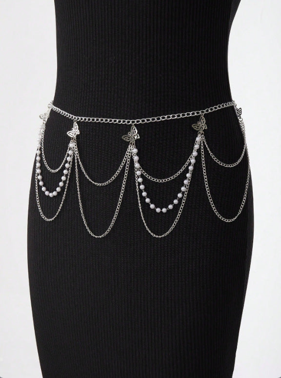FB3351 2025 waistchain alloy hollow butterfly accessories multi-layer wave fringed pendulum chain waist chain waist accessories