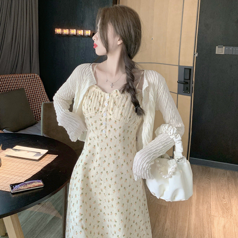 2025 summer new gentle wind  coffee break beautiful floral suspender dress two-piece suit women's spring dress