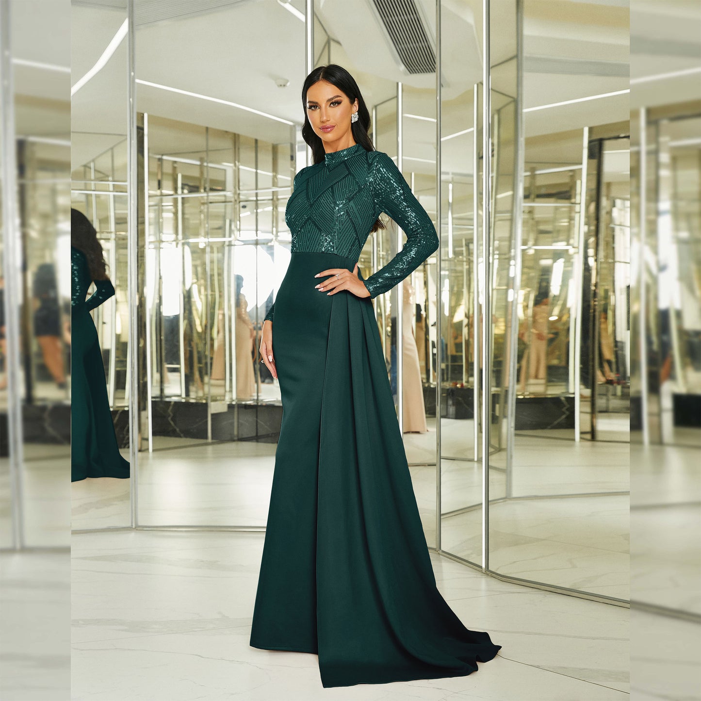 2025 temperament sexy long sequins long sleeves crew neck banquet evening dress bridesmaid dress women