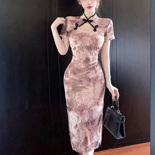 Bronzing bead disc buckle hollowed out improved cheongsam dress women's 2025 summer dress new temperament girl hip skirt split fork