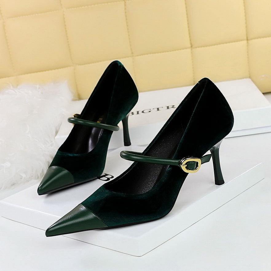 2025 9116-A1 Korean version banquet high-heeled women's shoes, thin heels, Xishi suede, shallow mouth splicing, pointed head, one-word belt, single shoes women