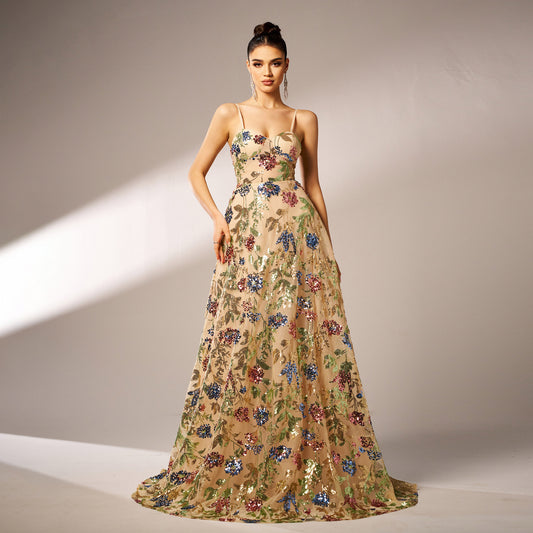 2025 new high-end temperament sleeveless one-word collar suspender banquet sequined big pendulum evening dress dress women