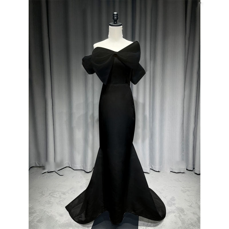 2025 New one-word shoulder light wedding dress bow fishtail skirt simple wedding dress couple photo theme photo dress