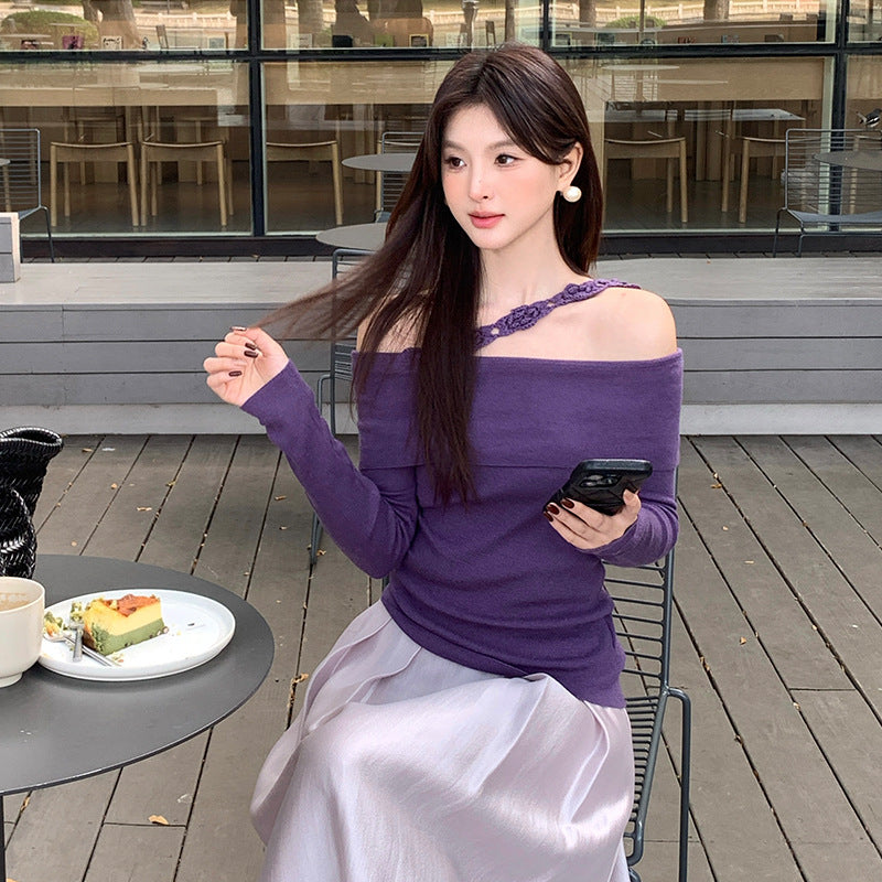 2025 popular autumn new ins temperament one-word collar flower knitted bottoming shirt long-sleeved top women 25147