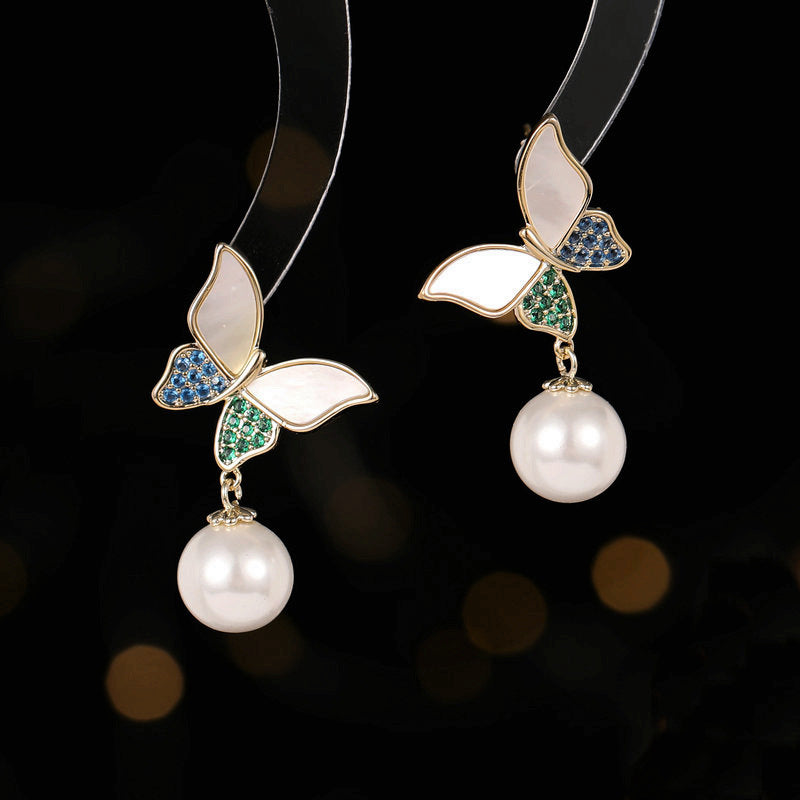 2025 S925 Silver Needle Niche Design Earrings Natural White Fritillary Fresh Natural Super Immortal Temperament Pearl Butterfly Earrings