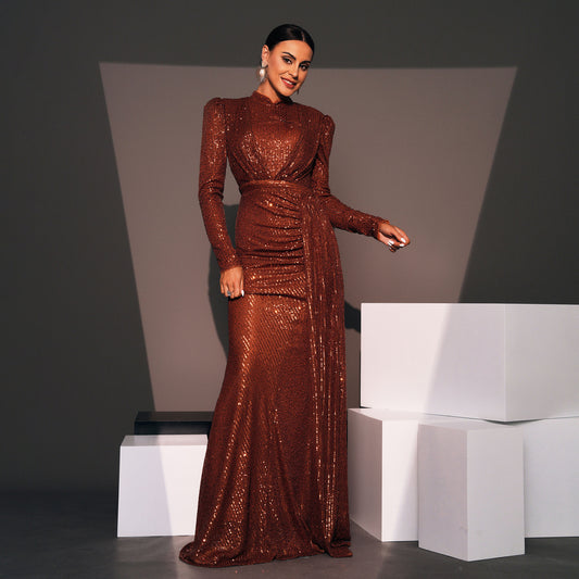 2025 evening dress long-sleeved temperament round neck sexy slim-fitting long sequined banquet bridesmaid dress women