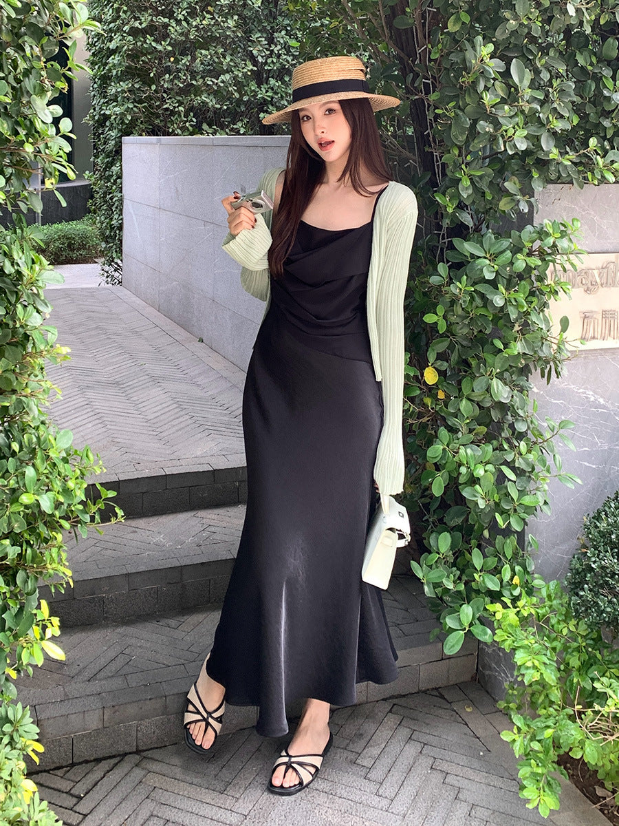 2025 Thirteen Lines  Spring and Summer New  Retro Swinging Neck Temperament Skinny Suspender Dress 88226