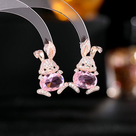 2025 S925 silver needle super flash zircon inlaid earrings girl heart sweet fresh earrings temperament cute rabbit stud earrings