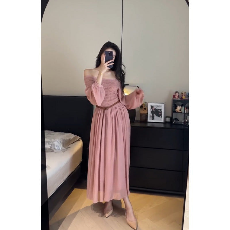 2025 Zhao Ruth same dress women's  autumn  one-word shoulder high-end bubble sleeve star pink dress