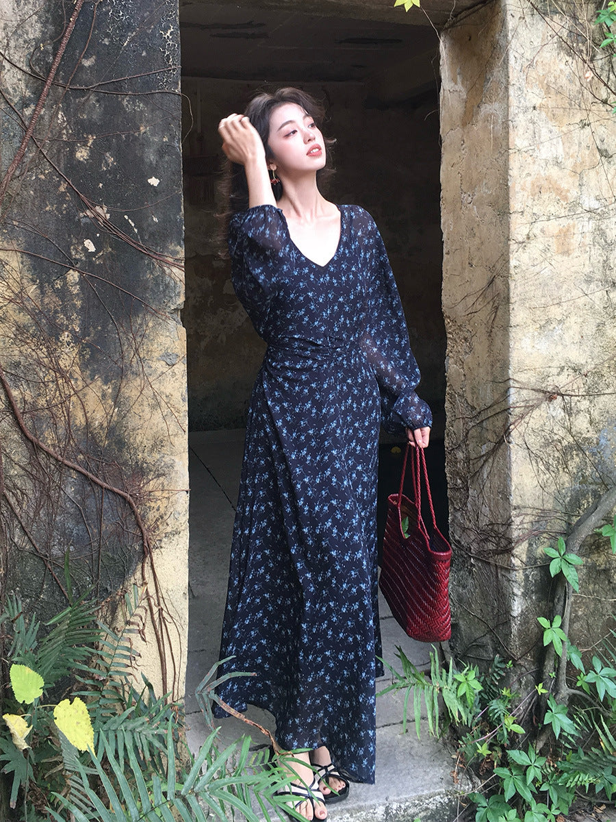 2025 Spring New  Temperament Printed Retro High Waist Long Sleeve Skinny Dress 88202