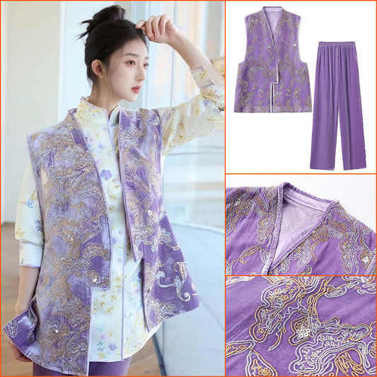 2025 New Chinese style high-end design sense embroidered vest stand-up collar mulberry silk temperament shirt set N1027