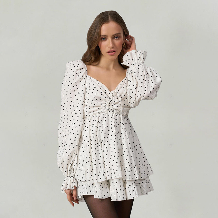 2025 Mysterious and sexy design sense of love cotton and linen printing V-neck long-sleeved dress summer  fashion drawstring skirt