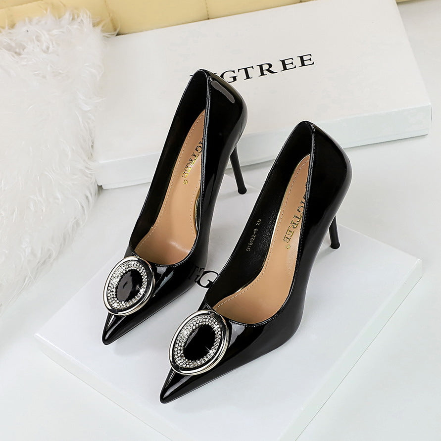 2025 6122-K61 [Customized] High heels women's shoes thin heels patent leather shallow mouth pointed metal rhinestone buckle women's shoes