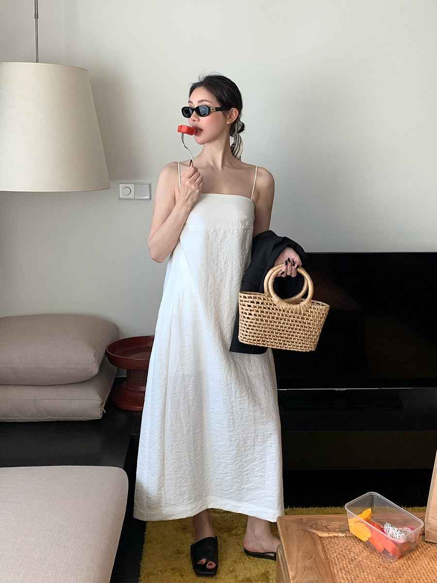 2025 spring new Korean version high waist elegant cotton and linen suspender dress solid color pure desire skirt 88229