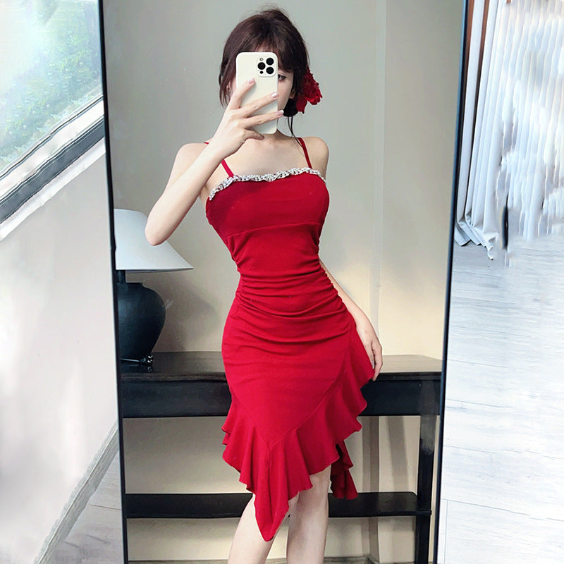 Red socialite women's clothing 2025 new  temperament sexy suspender dress small irregular tube top skirt