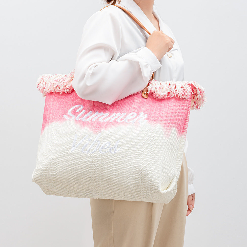 Cross-Border Embroidered Tote Bag Tassel Canvas Bag Magnetic Snap Commuter Bag Underarm Bag New Beach Shoulder Bag Summer