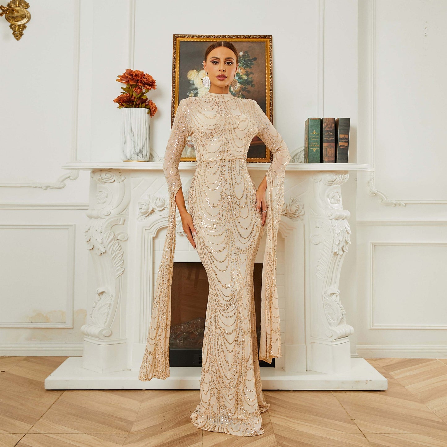 2025 high-end temperament sexy long sequins long sleeves crew neck banquet evening dress bridesmaid dress women