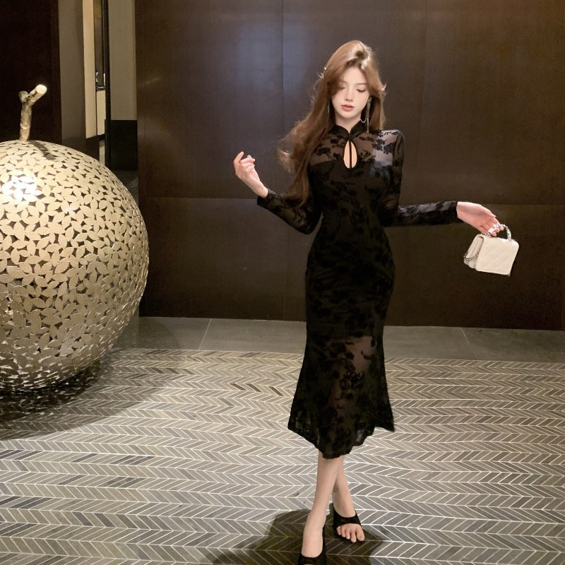 Mesh flocking celebrity women's clothing 2025 new Chinese-style Spice Girl temperament celebrity cheongsam pure desire fishtail dress