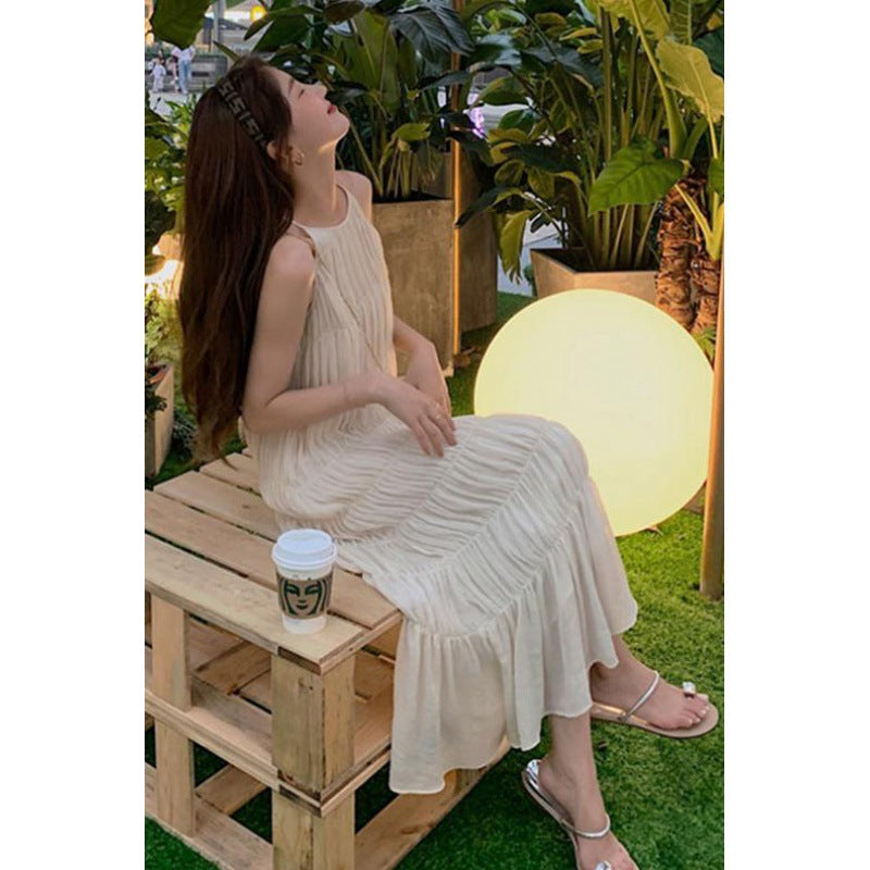 2025 summer new minimalist age-reducing pleated white dress vest  long neck suspender skirt women