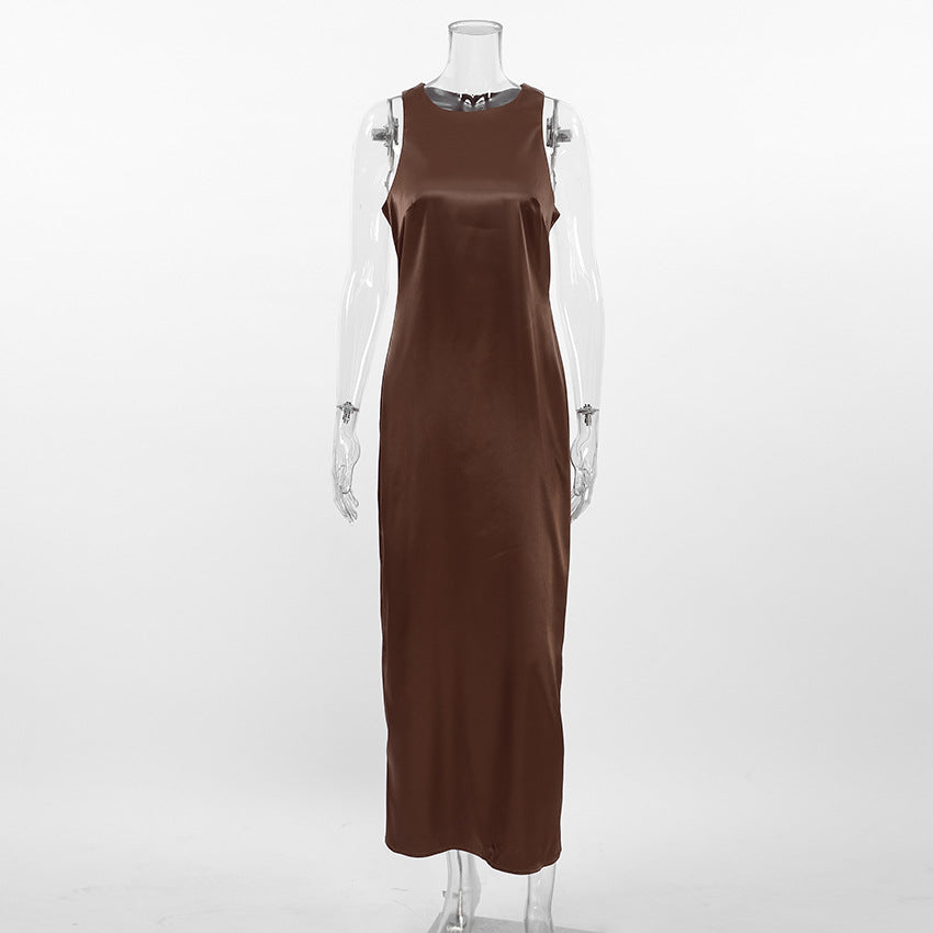 2025 Summer retro classic matte satin slim-fit round neck sleeveless straight skirt versatile Russian casual dress women